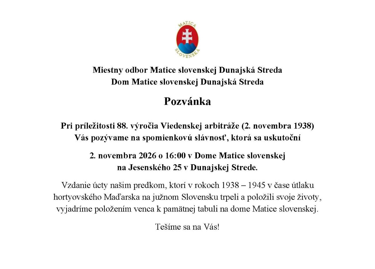 text pozvánky so znakom Matice slovenskej